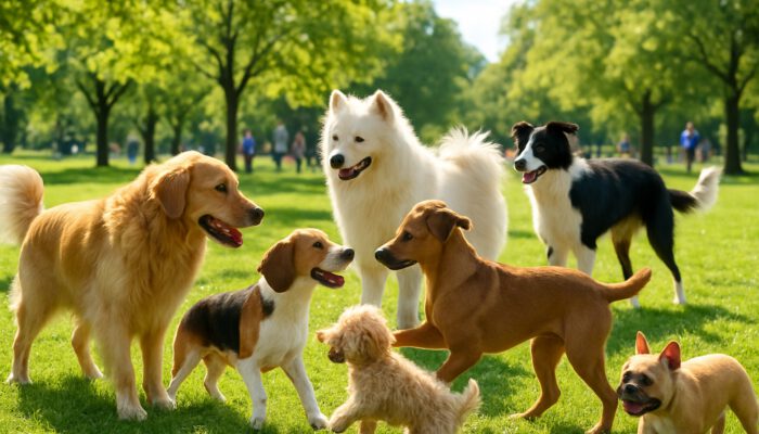 Diverse dogs of varying breeds and sizes mingling peacefully at a sunny park meetup.