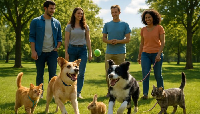 Joyful dogs, cats on leashes, and rabbits with owners at sunny park pet meetup