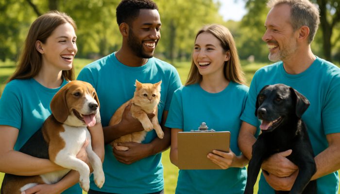 Volunteers with dogs and cats smiling at sunny park pet meetup orientation with clipboard