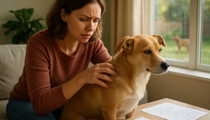 Owner examining dog for parasites in sunlit room with symptom notes and outdoor view