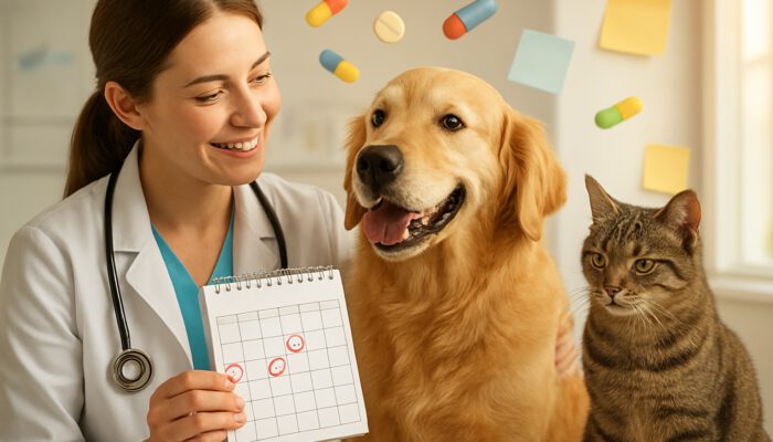 Vet holds deworming calendar beside joyful golden retriever and tabby cat in clinic