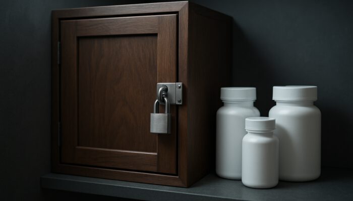 Locked wooden cabinet on high shelf storing labeled dewormer bottles safely from children and pets