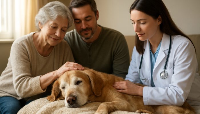 Elderly dog resting peacefully on blanket, comforted by family and vet in sunlit hospice care.