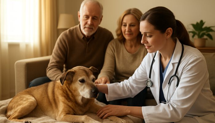 Vet assessing elderly dog's mobility with family in sunlit home hospice setting