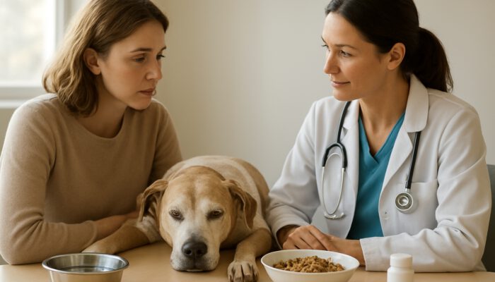 Vet and owner discuss high-protein meal for calm dog in cancer treatment at sunny clinic table.
