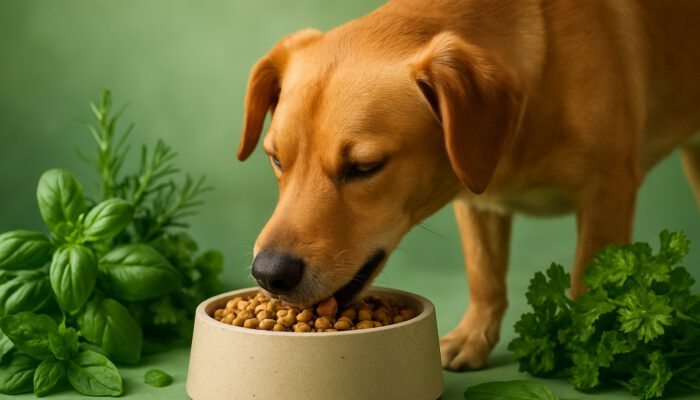 Happy dog eating plant-based kibble from recycled bowl amid fresh herbs and green lighting.