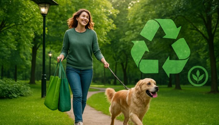Joyful owner walking dog in green park with reusable bags and eco-friendly toys for sustainable pet care.