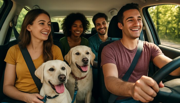 Friends carpooling with leashed dogs on sunny tree-lined road for eco-friendly pet travel