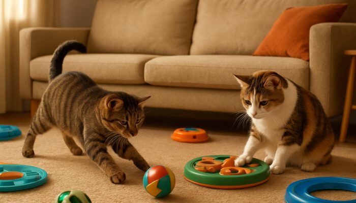 Energetic tabby chasing puzzle ball while calico solves treat maze in sunlit living room.