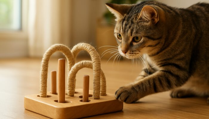 Curious cat pawing at safe wooden puzzle toy in bright cozy room