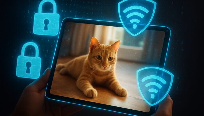 Tablet screen showing encrypted cat live feed with digital locks and Wi-Fi shields for secure monitoring