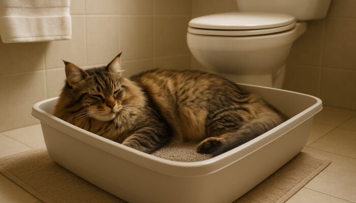 Large Maine Coon cat comfortably turning in spacious litter box with soft lighting