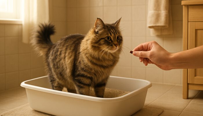 Fluffy tabby cat using clean litter box in sunlit bathroom during training with treats