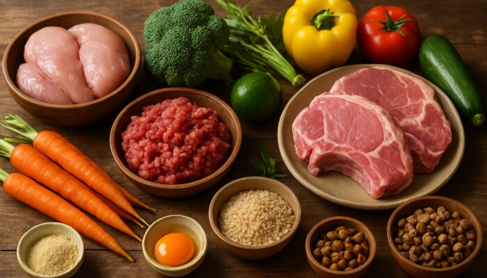 Rustic table with fresh organic meats and colorful vegetables for balanced raw pet meals