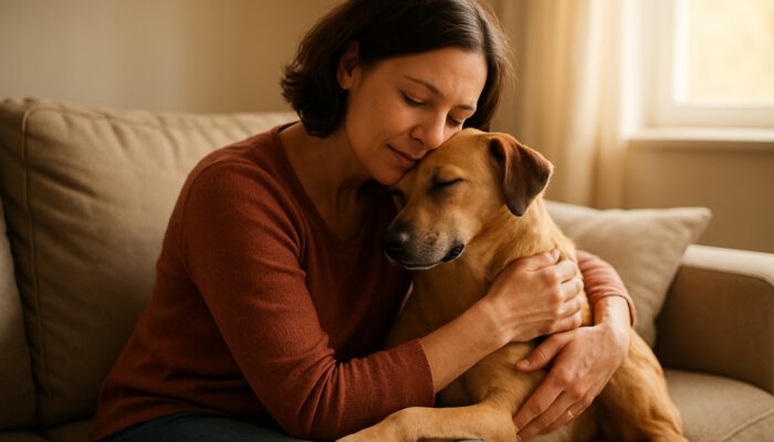 Person cuddling affectionate rescue dog on sunlit living room couch for comfort