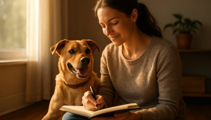 Person journaling beside affectionate rescue dog in sunlit home, radiating joy and calm.