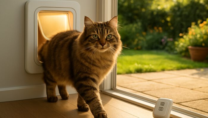 Fluffy tabby cat exiting glowing smart pet door into sunny backyard garden with remote control