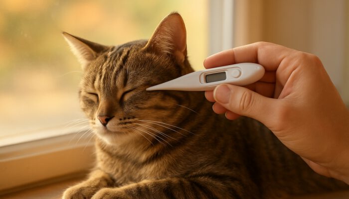 Hand using digital pet thermometer on relaxed tabby cat by sunny summer window