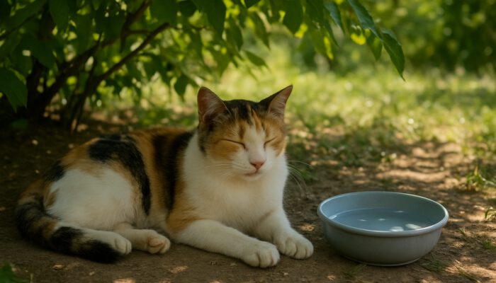 Calico cat resting safely in shade under trees with water bowl on hot day