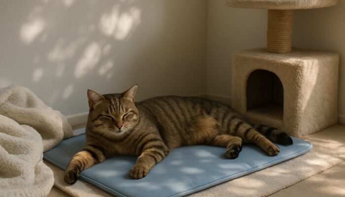 Tabby cat lounging on cooling mat in shaded home corner with blankets and cat tree