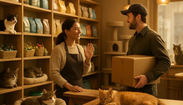 Cozy cat cafe with lounging cats, stocked shelves of premium supplies, owner greeting local bulk supplier.