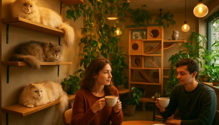 Modern cat cafe with fluffy cats on shelves, patrons sipping lattes amid plants and warm lighting.