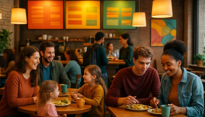 Families and students enjoying child discounts and weekday deals in vibrant cafe.