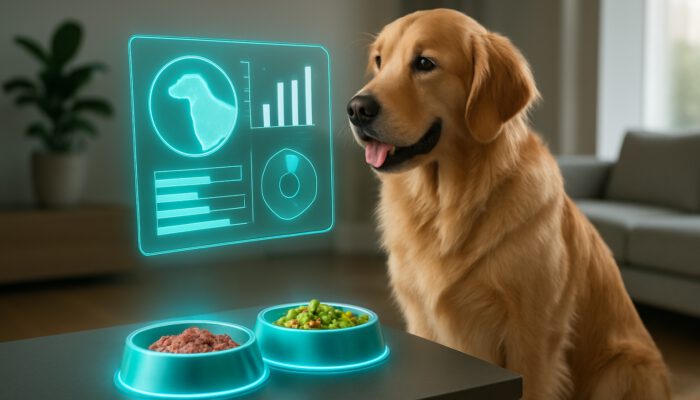 Futuristic holographic tablet showing personalized nutrition data for golden retriever in modern home
