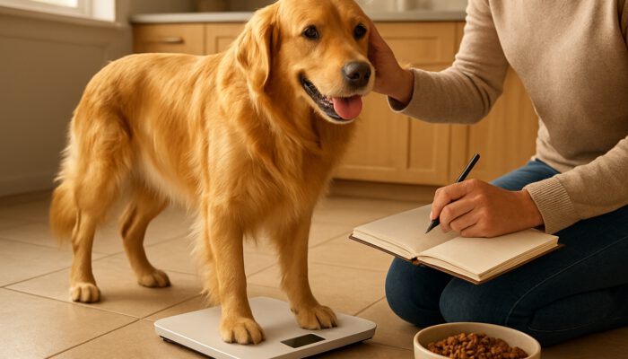 Owner weighs energetic golden retriever on scale while checking coat in sunlit kitchen
