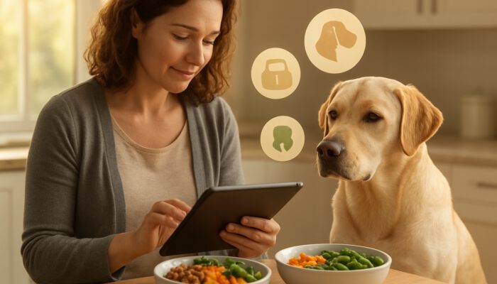 Owner reviews Labrador health data on tablet beside tailored nutrition bowls in kitchen